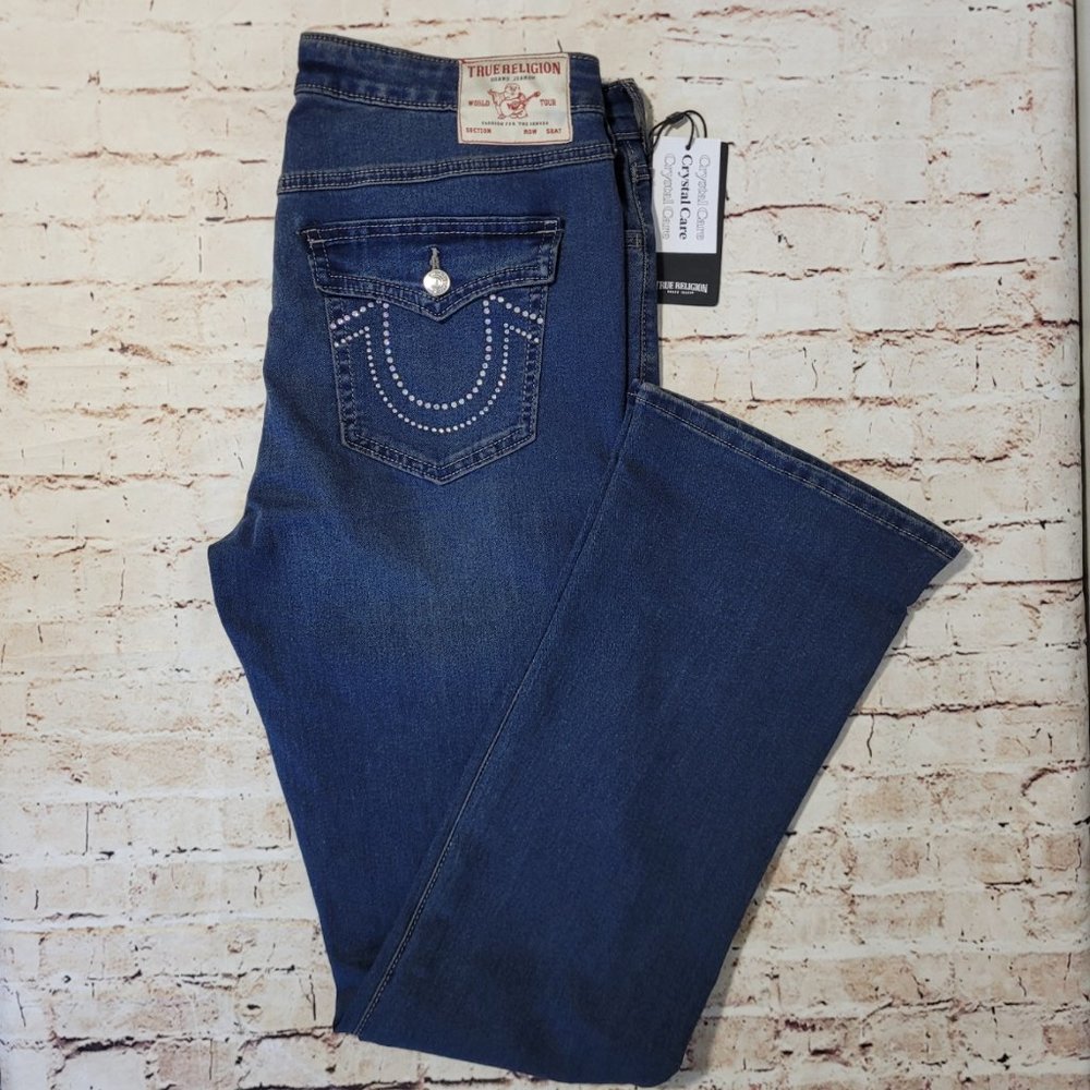 NWT True Religion Becca Dark Glacial, Crystal Flap Bootcut Jeans Size 32 - Picture 2 of 10